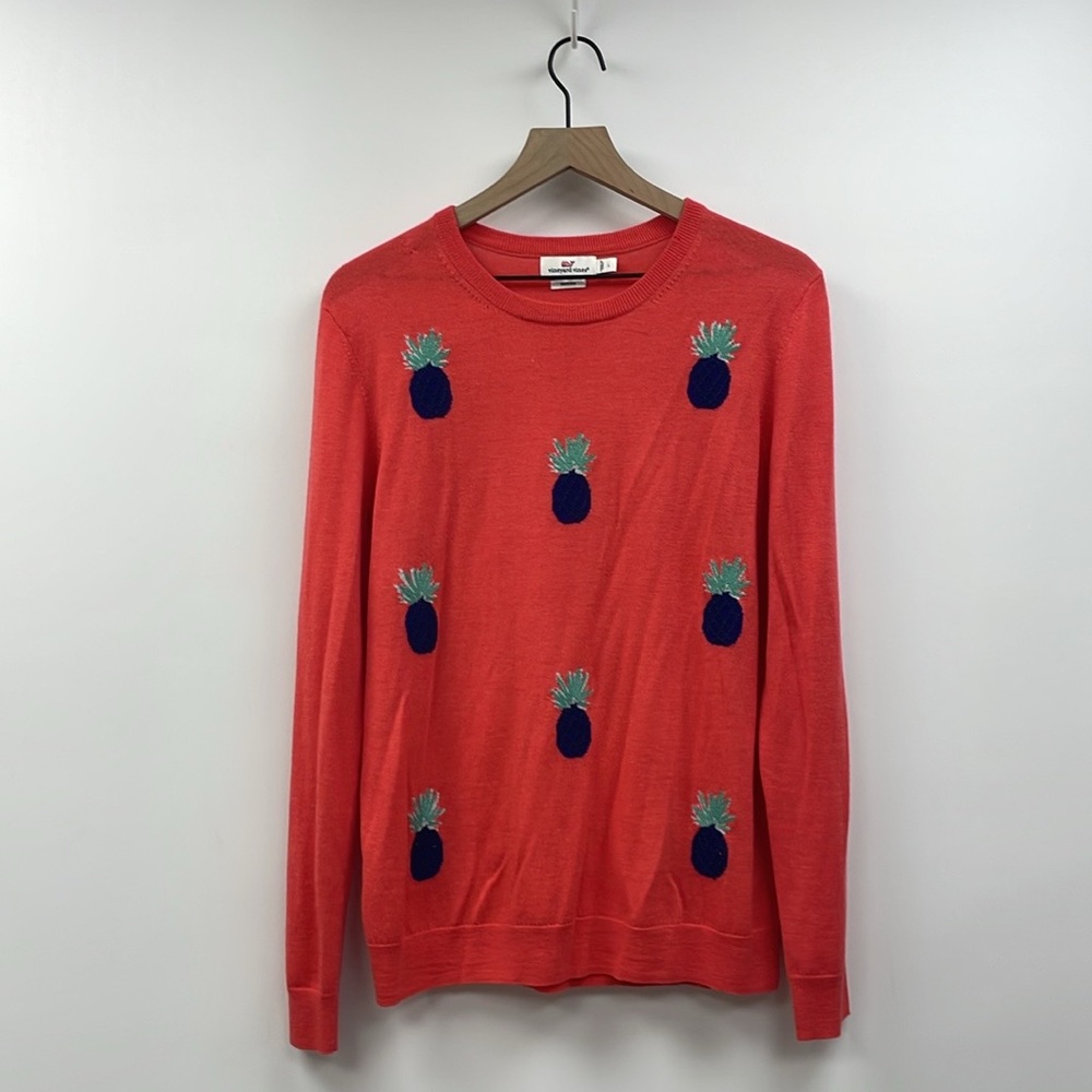 Vineyard Vines Embroidered Pineapple Merino Wool Pullover Knit Sweater Red Large